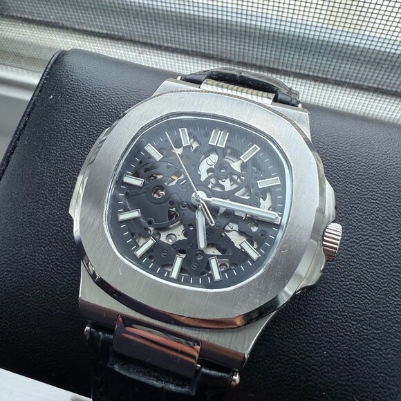 seiko mod black skeleton nautilus automatic watch - Picture 1 of 7